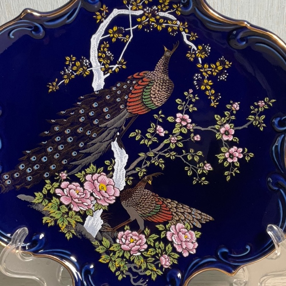 Vintage Japanese Cobalt Blue Gold Trim with Peacocks and Flowers Plate - Picture 3 of 10
